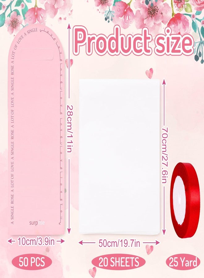 Whaline 50 Set Flower Boxes Valentine's Day Flower Single Packaging Bag with Ribbon Tissue Paper Flower Bouquet Florist Portable Box Creative Decor for Mother's Day Wedding Birthday Party Gift Wrap - Image 2